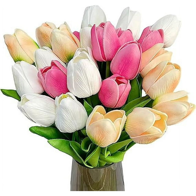 Nvzi 20 piezas de tulipanes artificiales multicolores, tallos de tulipán falsos, tulipanes de poliuretano de tacto real, decoración de centros de mesa para fiestas y habitaciones del hogar