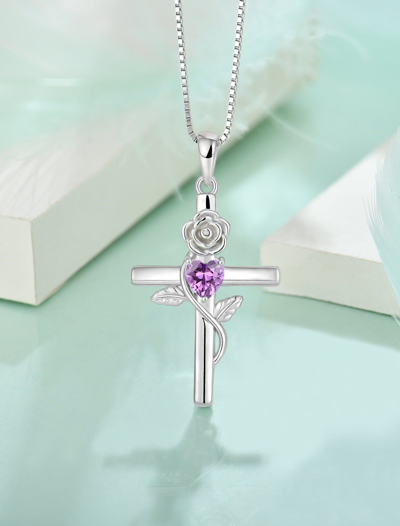 VESITIM Cross Pendant Necklace Sterling Silver Infinite Rose Flower Necklace Women Faith Jewelry Gift with February Birthstone Created Amethyst