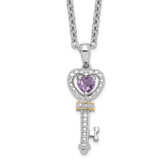 Finest Gold Sterling Silver 14K Accent Amethyst & Diamond Key 18 in. Necklace