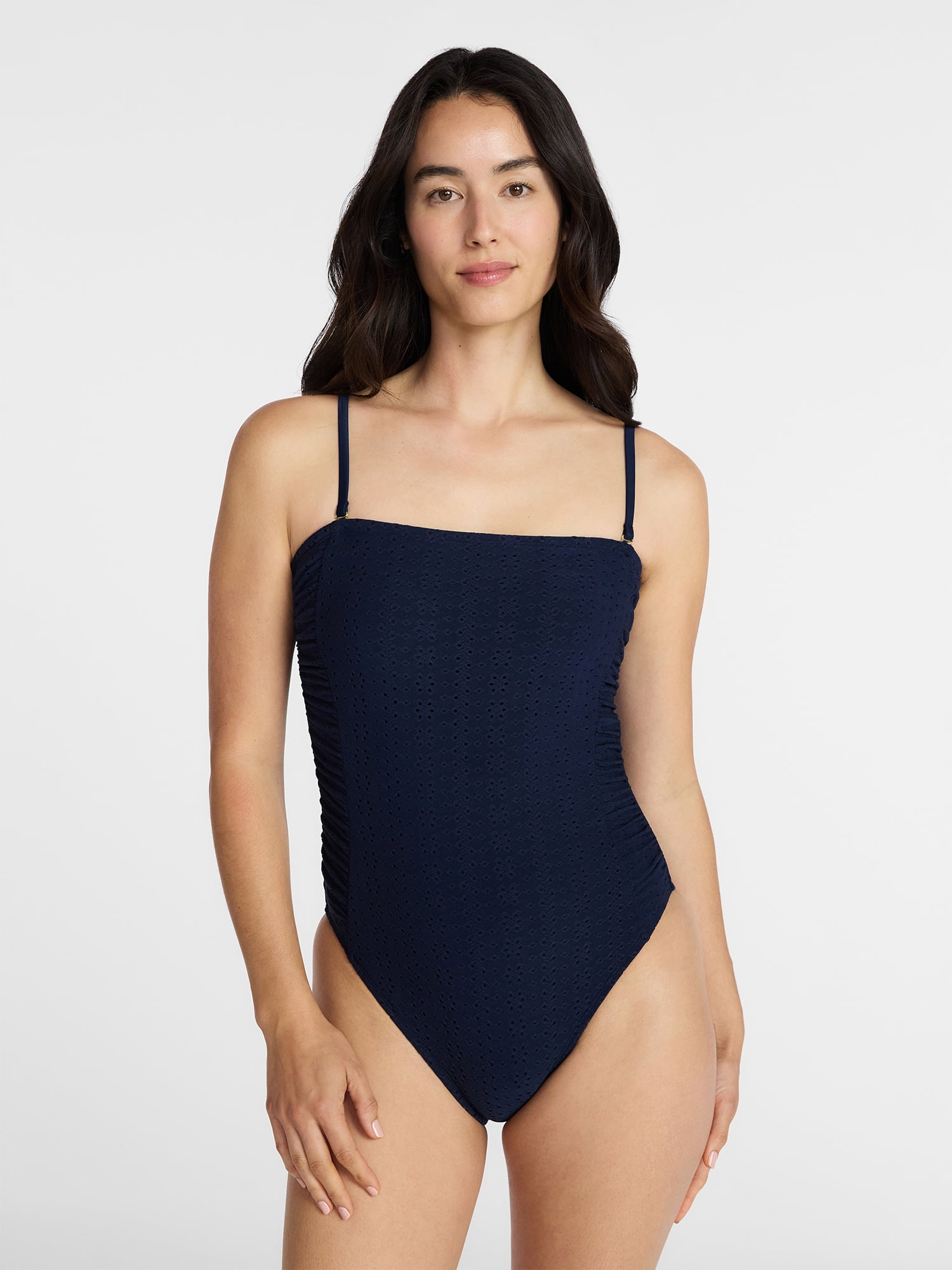 Time and Tru Women's Eyelet Bandeau One Piece Swimsuit with Side Shirring, Sizes XS-3X