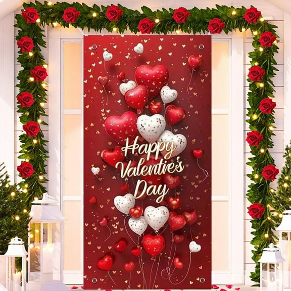 KCEHTA Valentines Day Door Cover, Valentines Door Cover, Romantic Happy Valentines Day Hanging Banner Indoor Outdoor Party Backdrop Valentines Day Door Decorations, 71x35 inch