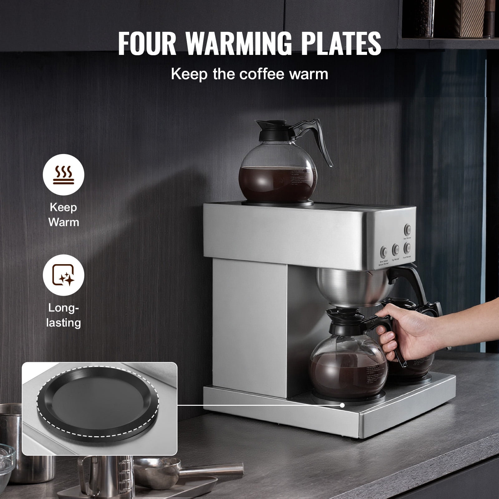 KFFKFF Commercial Drip Coffee Maker, 12-Cup Machine with 4 Glass Carafes and 4 Warming Plates, Stainless Steel Brewer for Restaurants, Offices, Cafes, and Homes