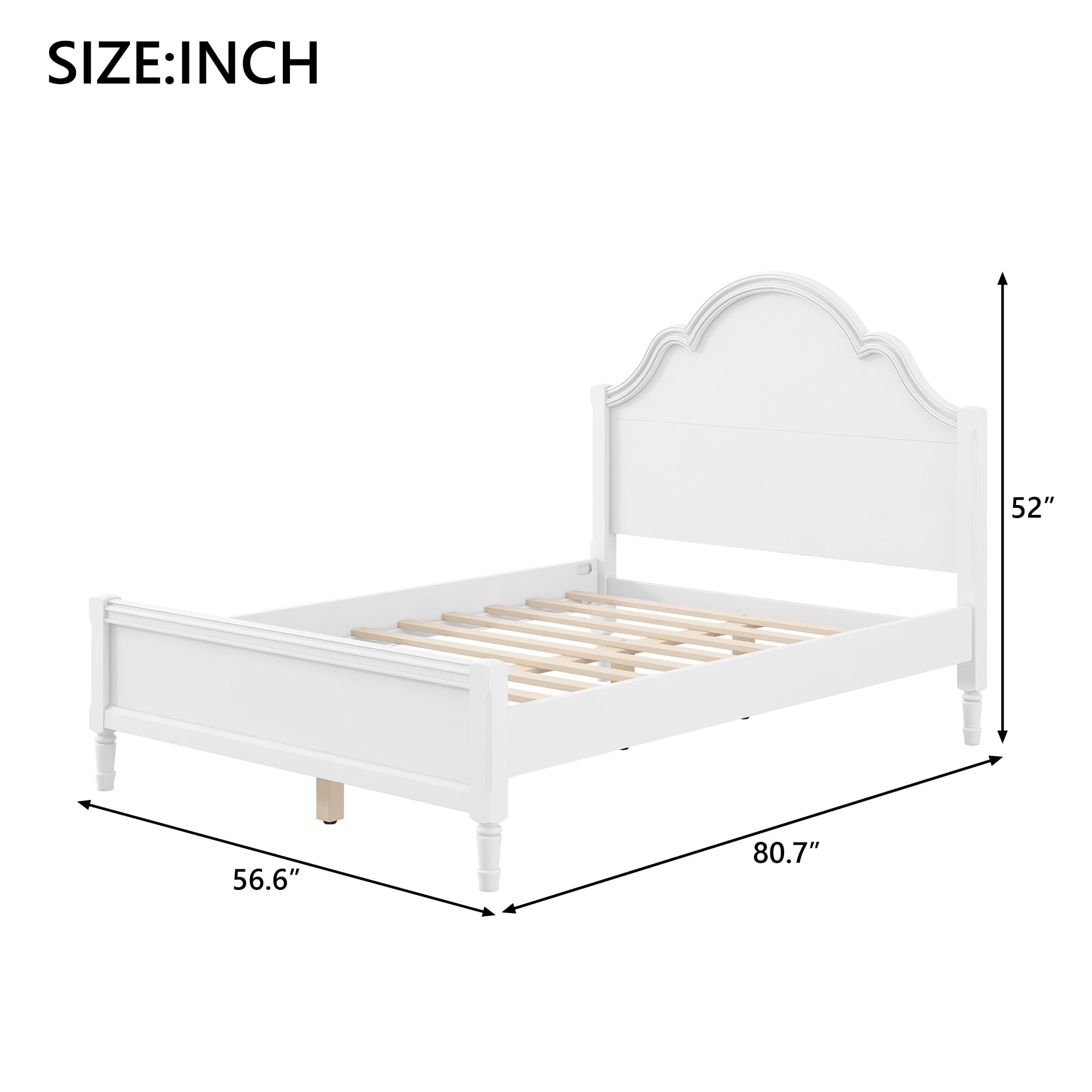 Euroco Wood Full Size Platform Bed with Headboard, No Spring Box Needed, White