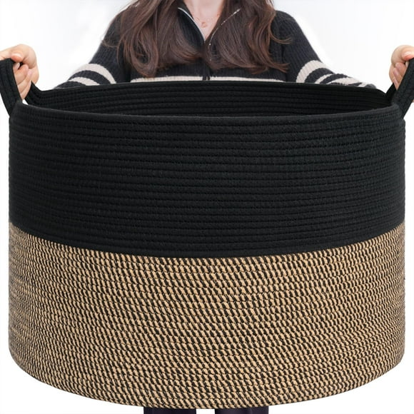 Cesta de almacenamiento INDRESSME grande, cuerda de algodón mixta de 90 litros, negra