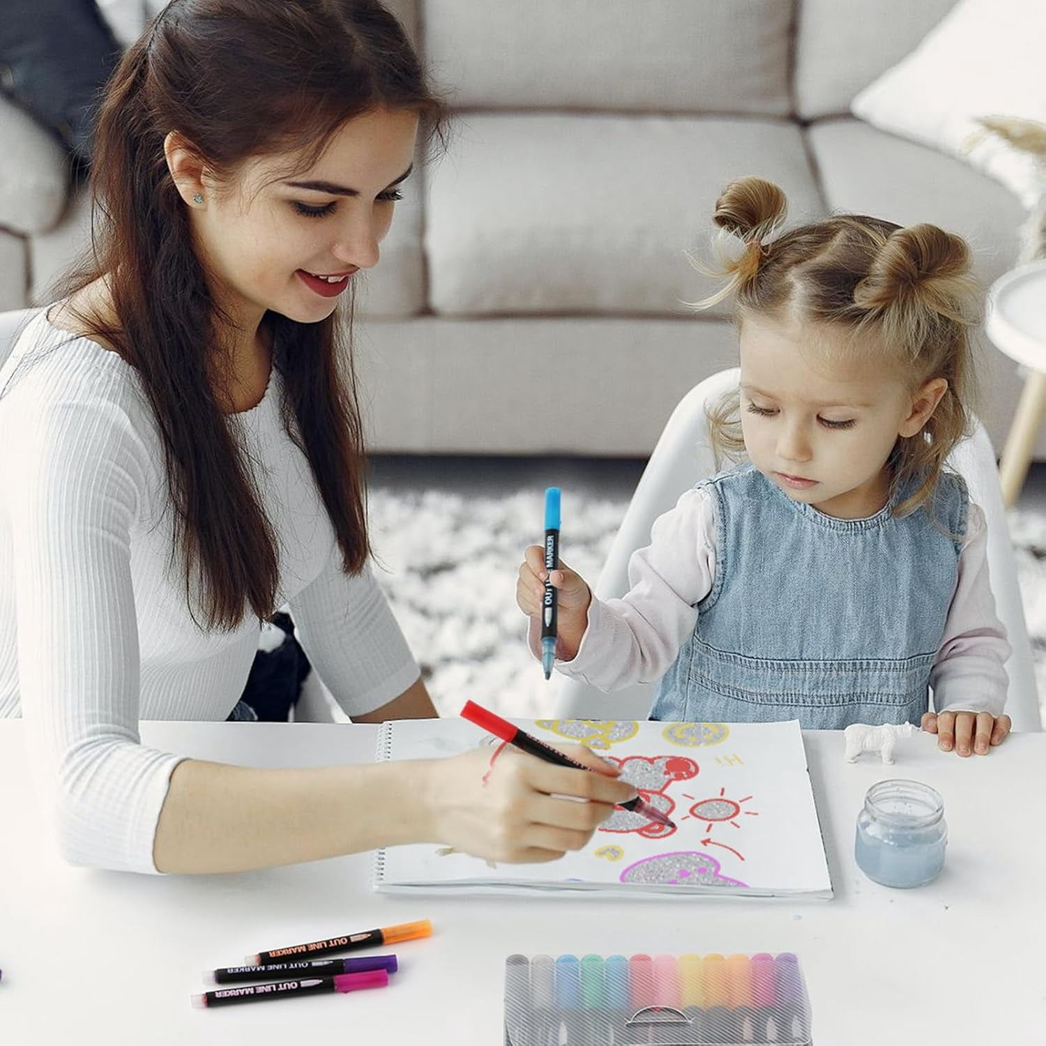 Dreamy Sparkle Dual-Line Contour Pen, 12 Colors Shimmer Metallic Marker Pens for Christmas Cards, Scrapbooking, DIY Art Crafts, Doodling on Ceramic Glass Wood and Metal Surfaces