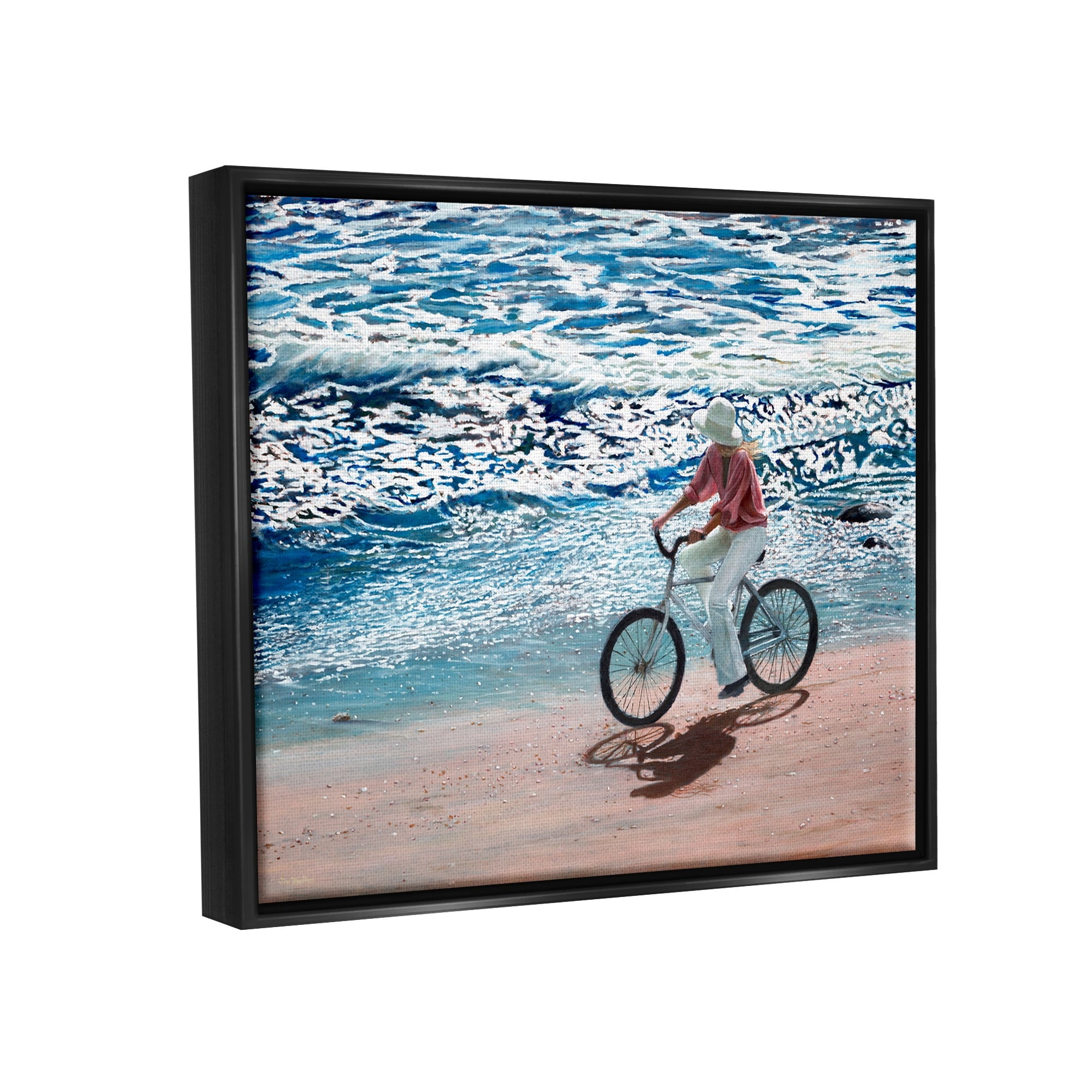 Stupell Industries Woman Riding Bicycle Coastal Beach Shoreline Landscape Painting Jet Black Floating Framed Canvas Print Wall Art, Design by Tom Mielko