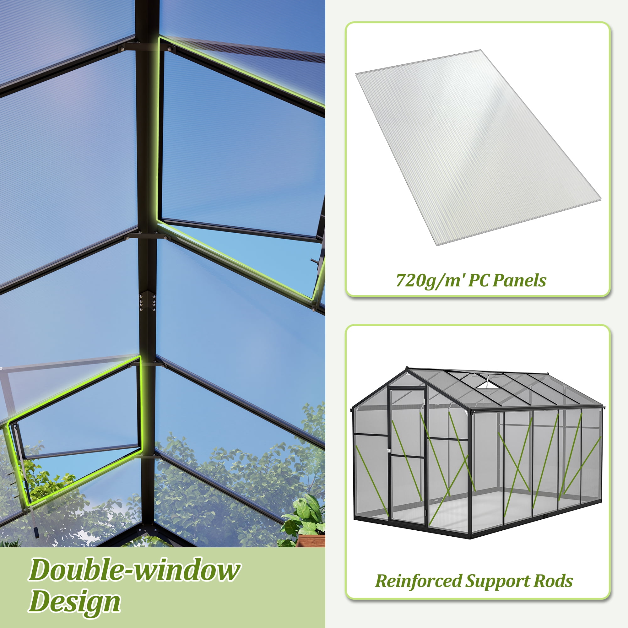 LZBEITEM 6'x10'x6.5' Walk-In Polycarbonate Greenhouse, Black Aluminum Frame, Adjustable Ventilation