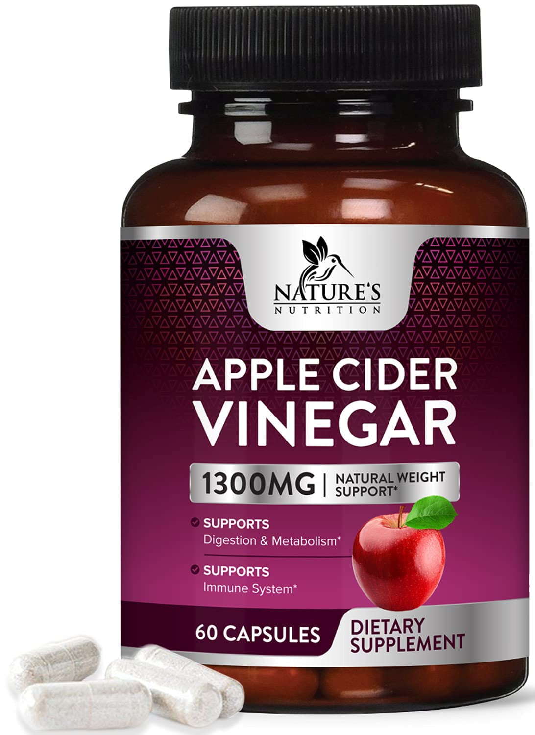 Nature's Nutrition Apple Cider Vinegar Capsules, 1250 Mg, 60 Ct