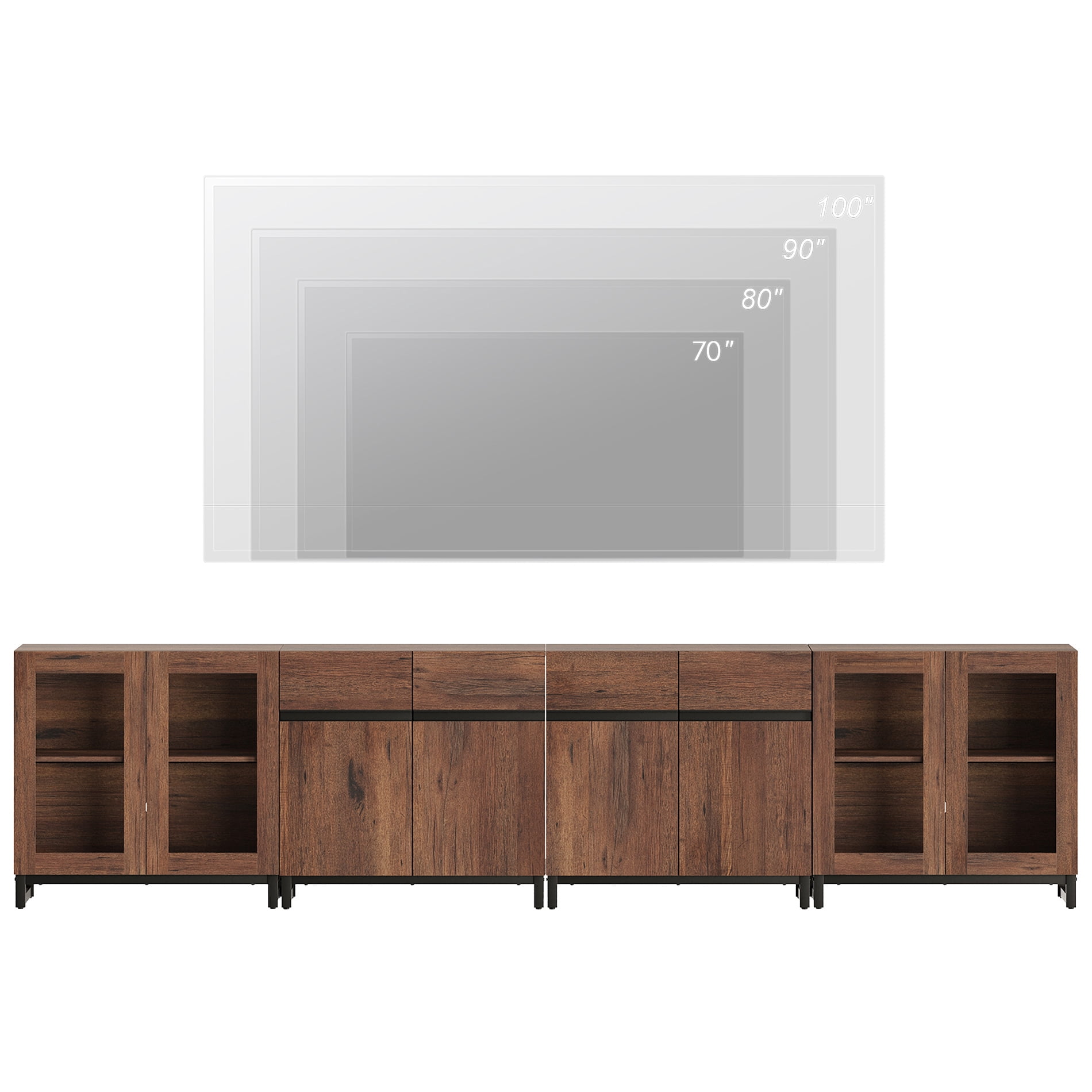 4 In 1 TV Stand For Tvs Up To 120 Inches, Modern Entertainment Center With Glass Doors And Metal Legs, TV Console With Adjustable Shelf For Living Room, Bedroom,Brown