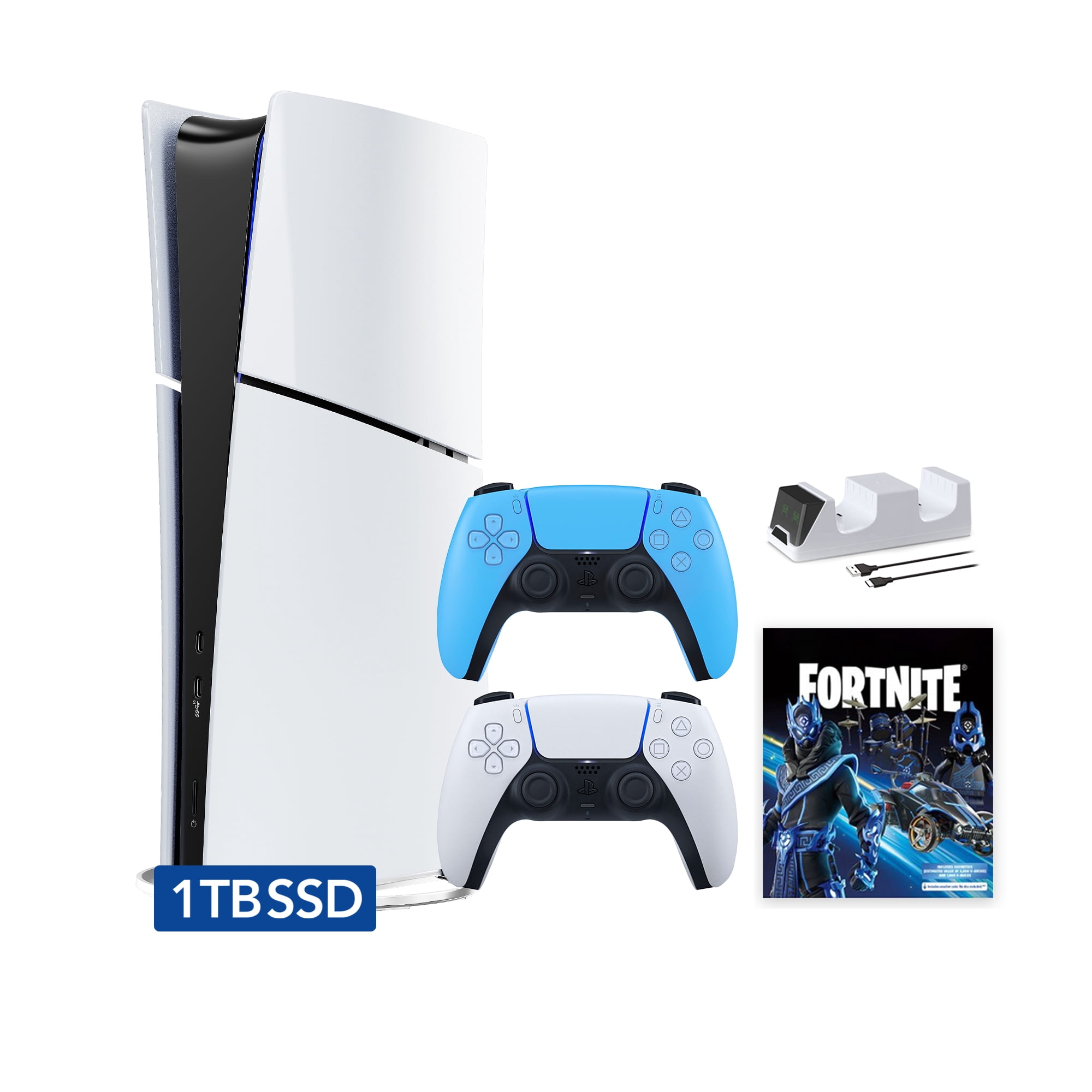 PlayStation 5 Slim Digital 1TB SSD Fortnite Cobalt Star Console with Two Controllers, White and Starlight Blue DualSense and Dual Controller Charger - PS5 Slim Digital Console