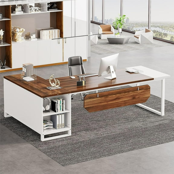Tribesigns 70.8" L-Shaped Executive Desk with 55" File Cabinet, Large Home Office Computer Desk with Storage Shelves and Cabinet, Modern Business Furniture Set Home Office Workstation, Walnut White