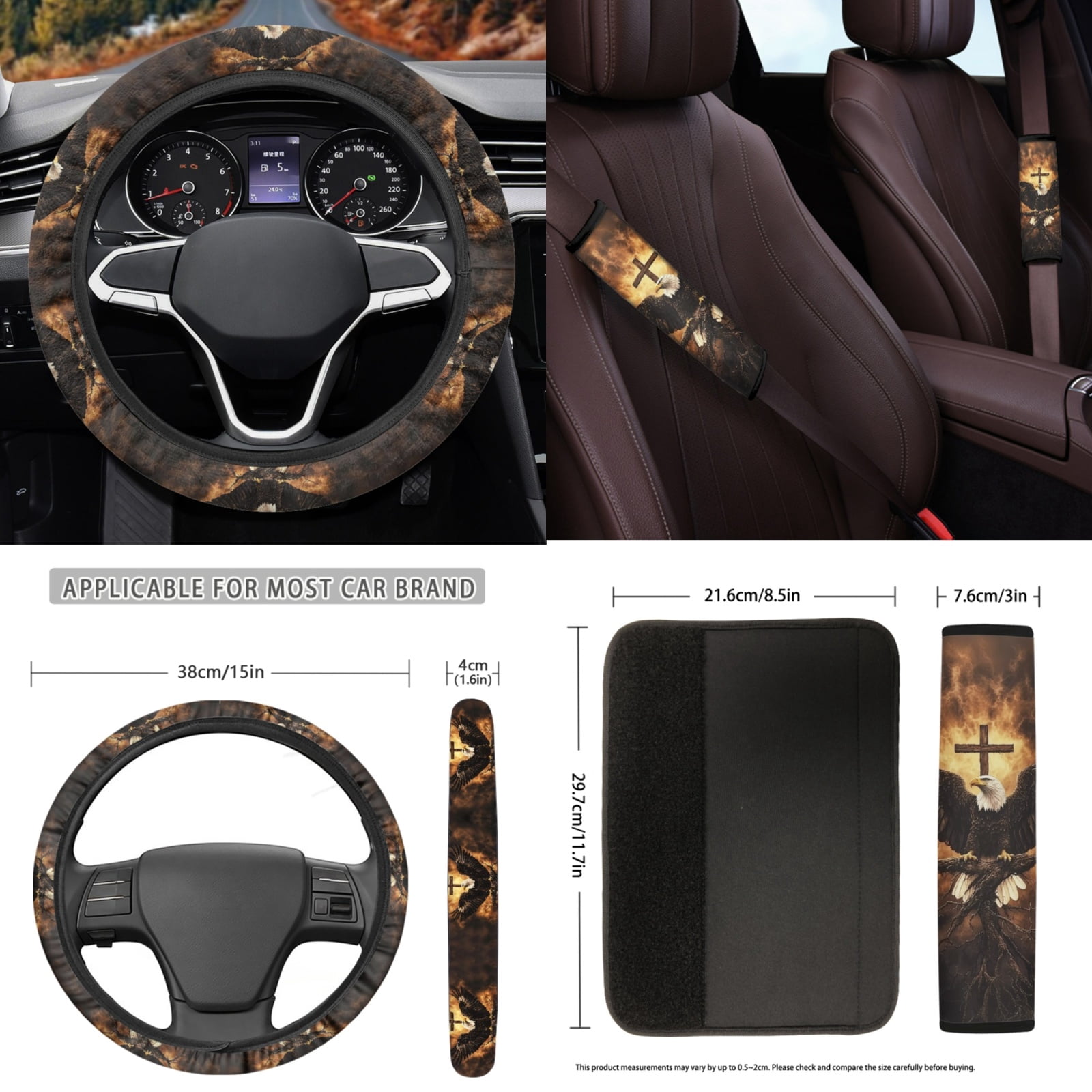 Yuyamidu Eagle Car Seat Cover Full Set with Car Floor Mats Cross Steering Wheel Cover Seatbelt Cover Gear Shift Knob Cover Cup Coasters 15 Pack Auto Accessory for SUV Sedan Van