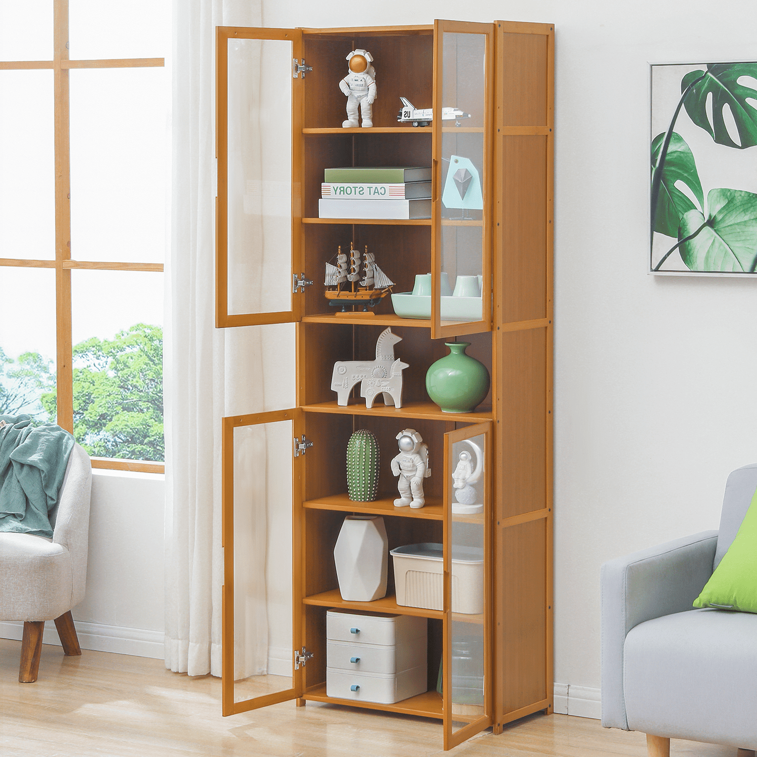 Magshion Bamboo 6 Tiers Bookcase with Acrylic Doors, Storage Display Stand, Brown, for Home