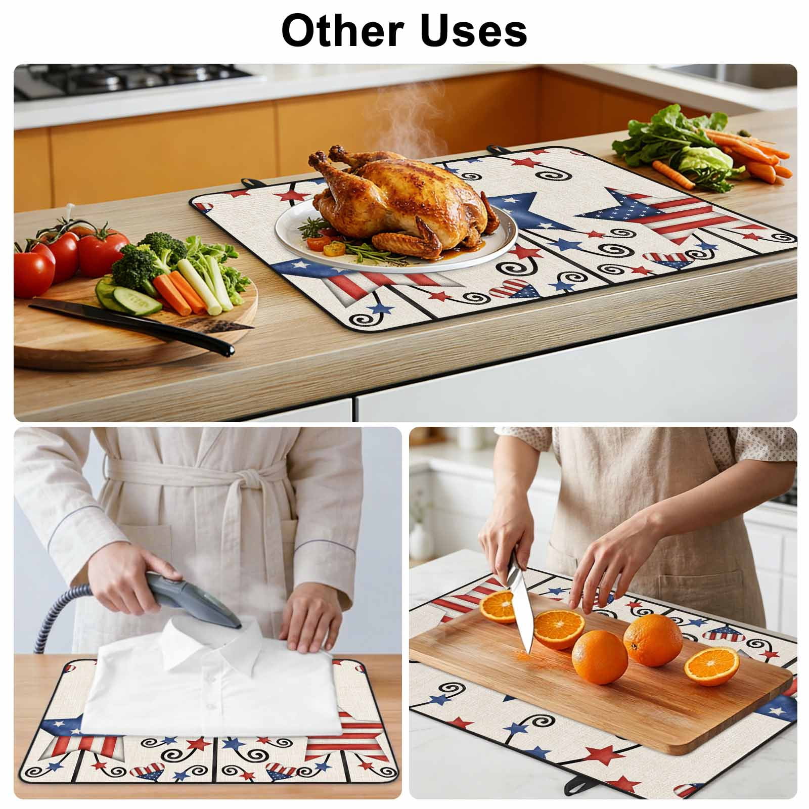 4th of July Stove Top Cover for Electric Stove, Heat-proof & Non Slip Glass Top Stove Cover Protector, Blue Red Star Rustic Independence Day Kitchen Flat Cooktop Rubber Mat 24x21 Inches
