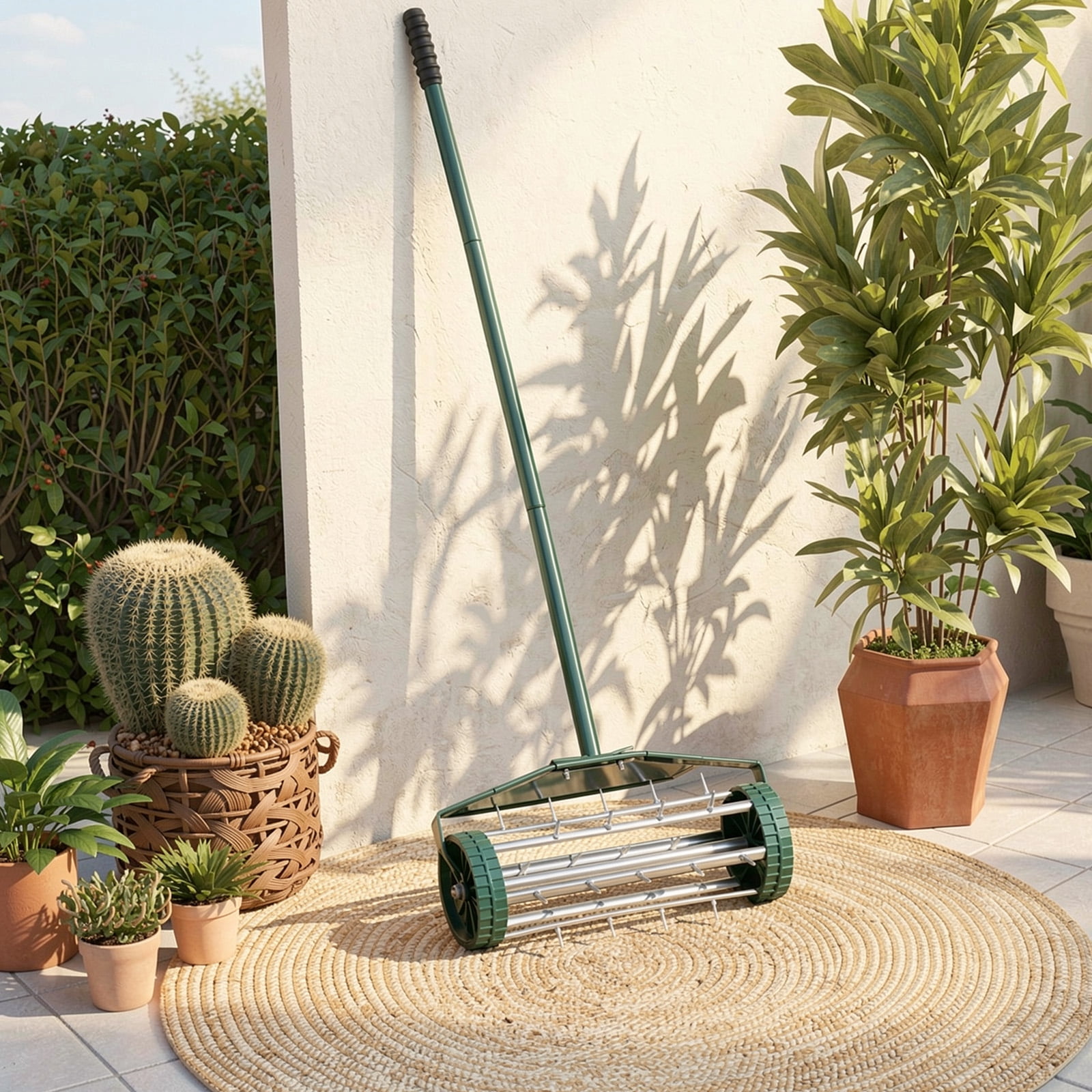 Biotree 18 Inch Rolling Lawn Aerator with Splash-Proof Fender for Garden Dark green, silver - Outdoor Lawn Yard Garden Care Tool