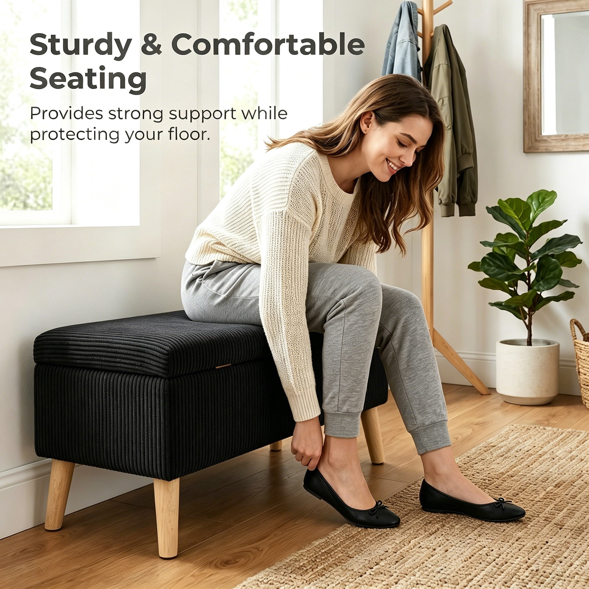 32 inch Wide Olive Black Corduroy Storage Ottoman Bench with Wooden Legs, Flip-Top Storage Box, Soft Upholstered End of Bed Bench, Footrest & Shoe Bench for Bedroom, Living Room, Entryway