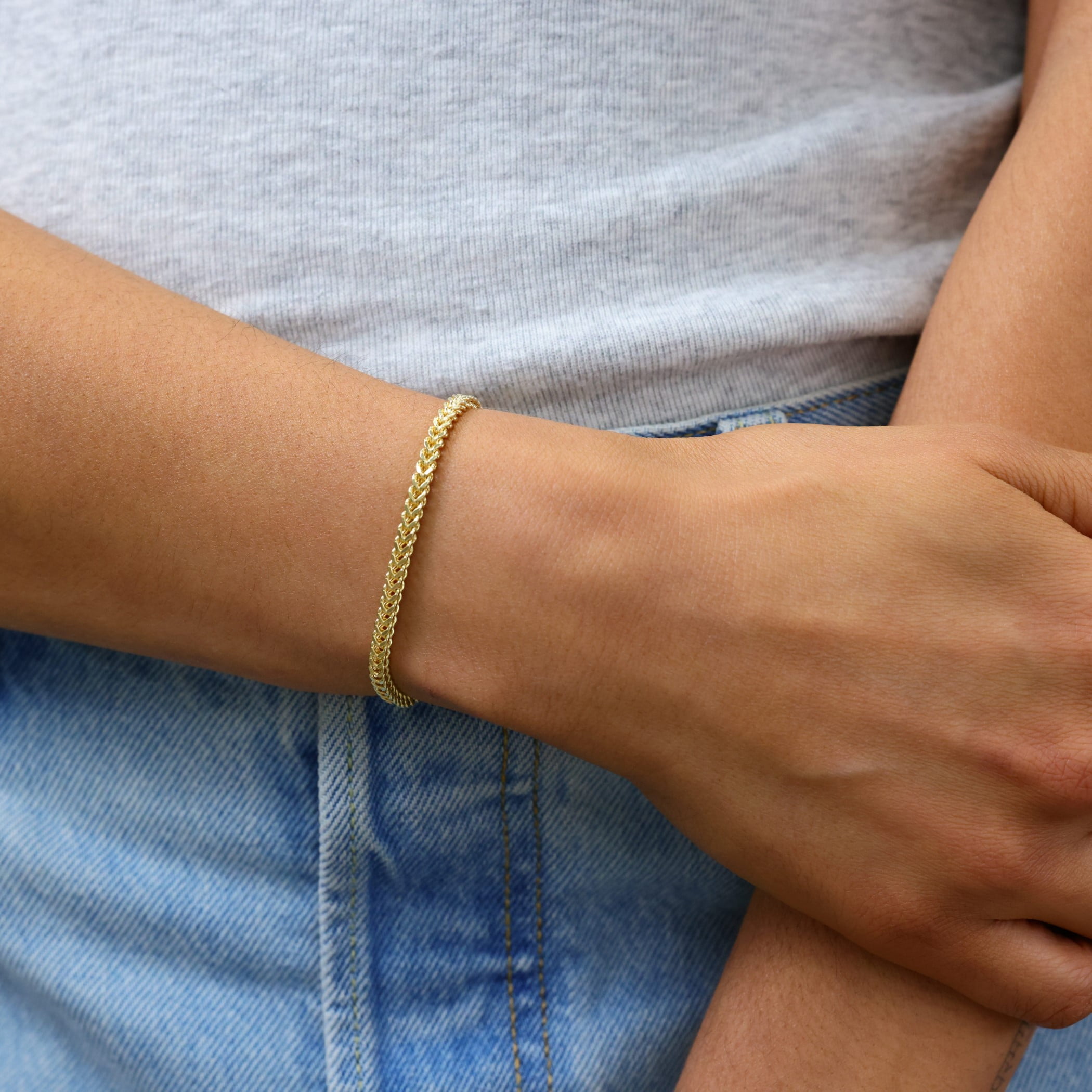 Nuragold 14k Real Yellow Gold Franco Square 3mm Box Chain Wheat Chain Bracelet (7"-9") Italian Jewelry for Men & Women