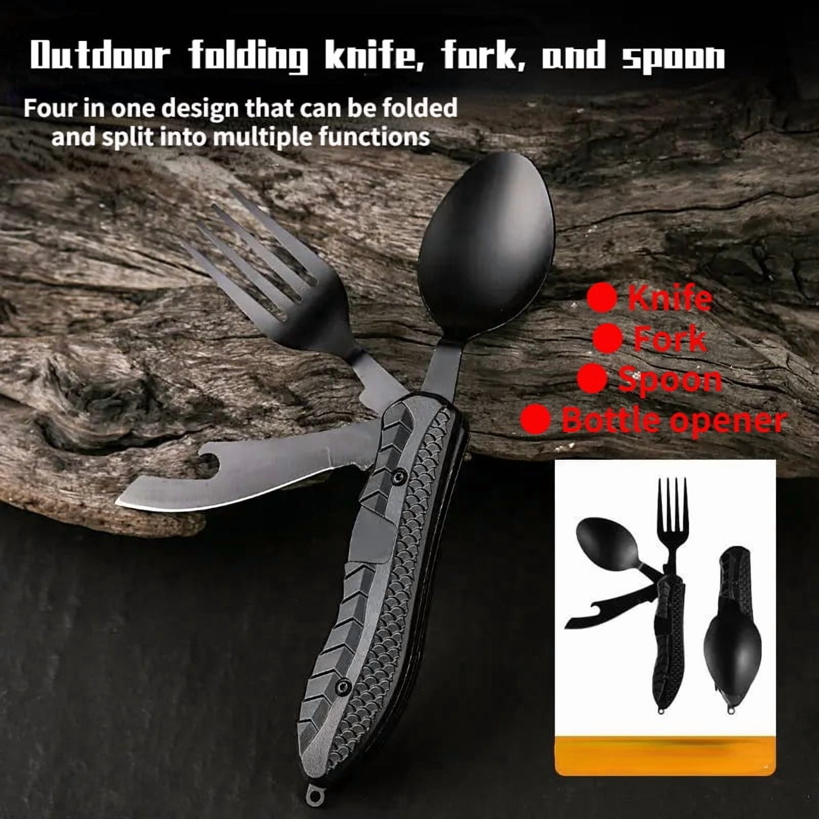 Outdoor Camping Folding Cutlery Set Stainless Steel Spoon Fork Knife Bottle Opener Multitool Portable Hiking Travel Tableware Kit
