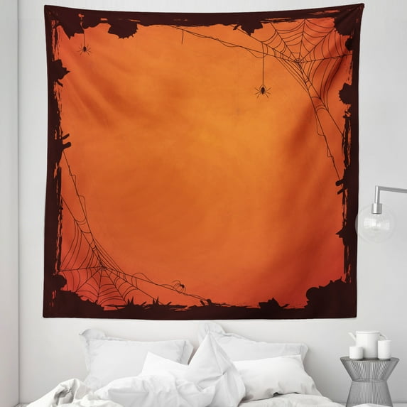 Spider Web Tapestry, Grunge Halloween Composition Scary Framework with Insects Abstract Cobweb, Fabric Wall Hanging Decor for Bedroom Living Room Dorm, 5 Sizes, Orange Brown, by Ambesonne