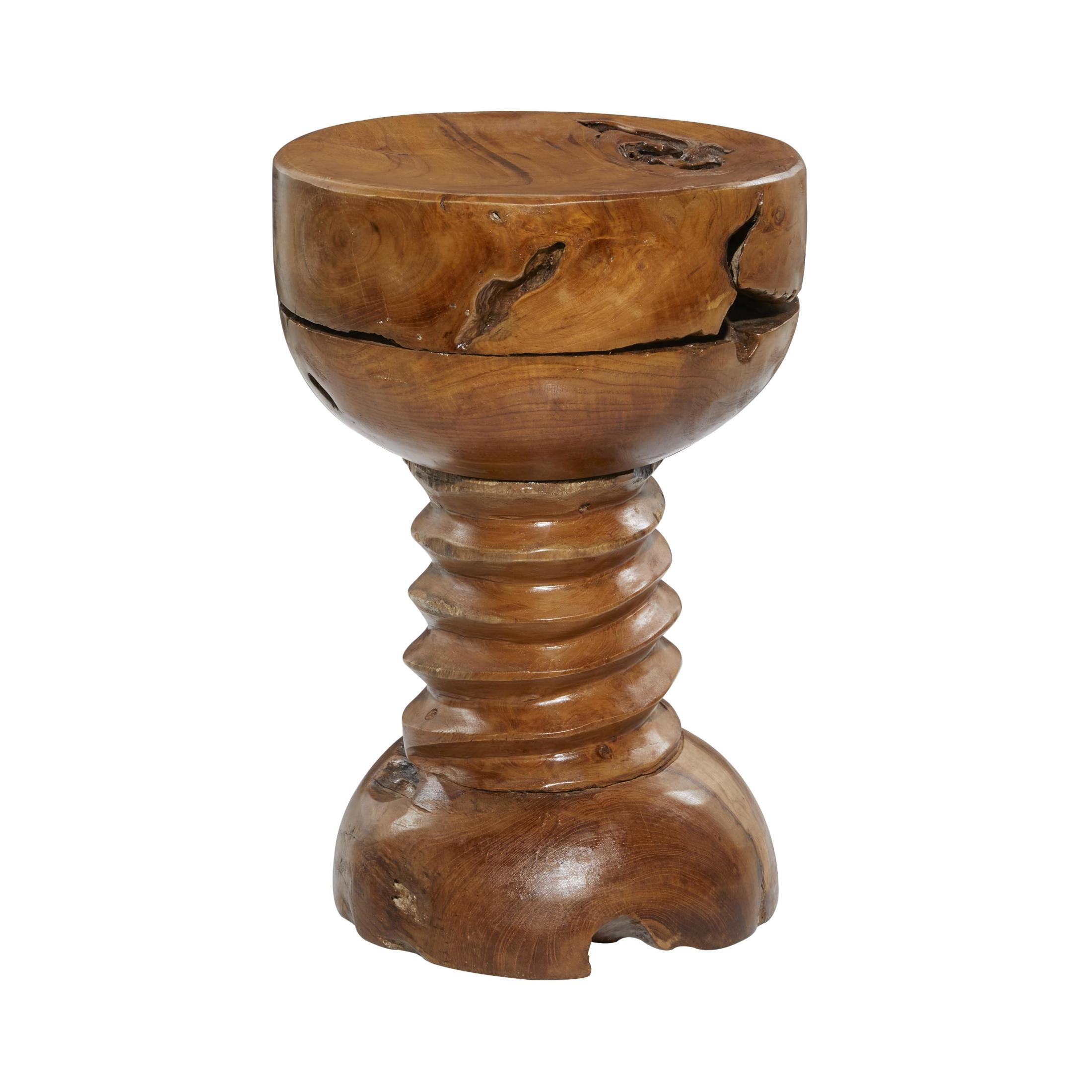 DecMode 13" x 20" Brown Teak Wood Handmade Live Edge Accent Table with Coiled Base, 1-Piece