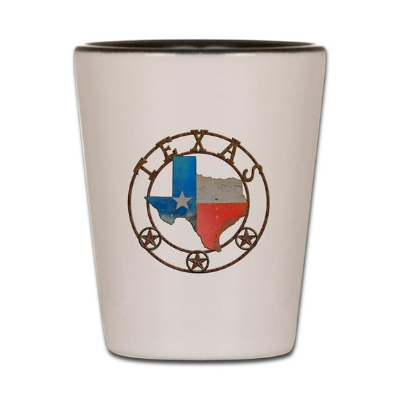CafePress - Texas Wrought Iron Barn Art - White/Black Shot Glass, Unique and Funny Shot Glass