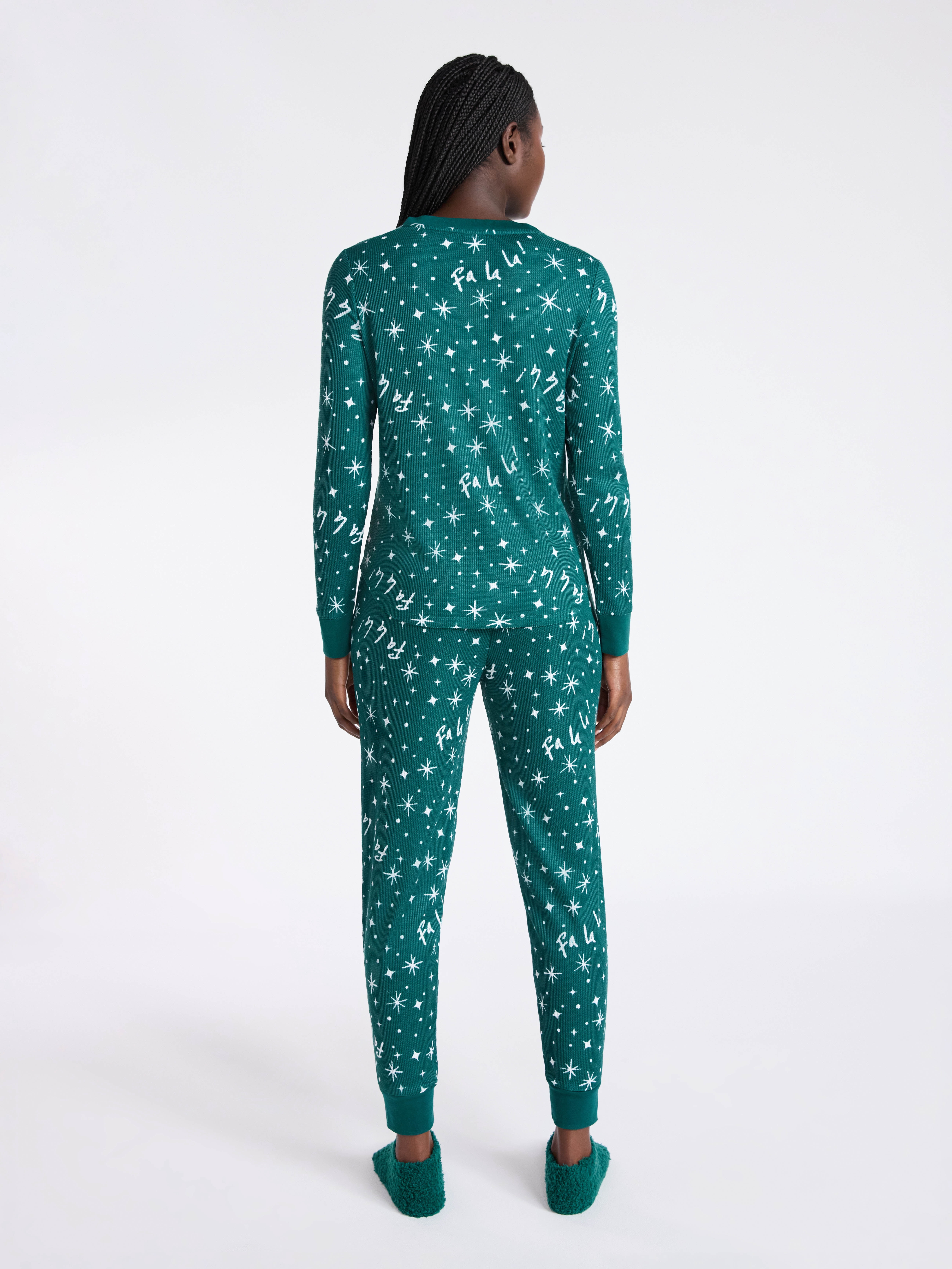 Joyspun Women's Waffle Knit Henley Sleep Top, Joggers and Socks Pajama Set, 3-Piece, Sizes XS-3X
