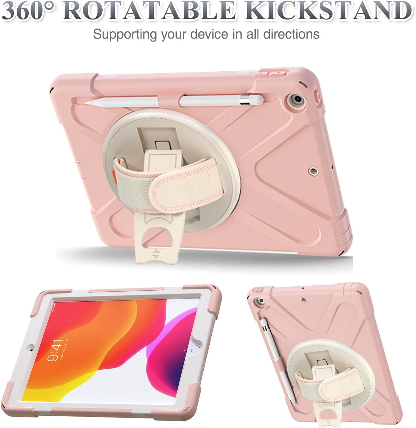 ZenRich Shockproof Case for iPad 9th/8th/7th Generation 10.2 inch 2021/2020/2019, Heavy Duty Rugged Case with Pencil Holder/360° Rotating Kickstand/Handle/Carrying Strap, Pink
