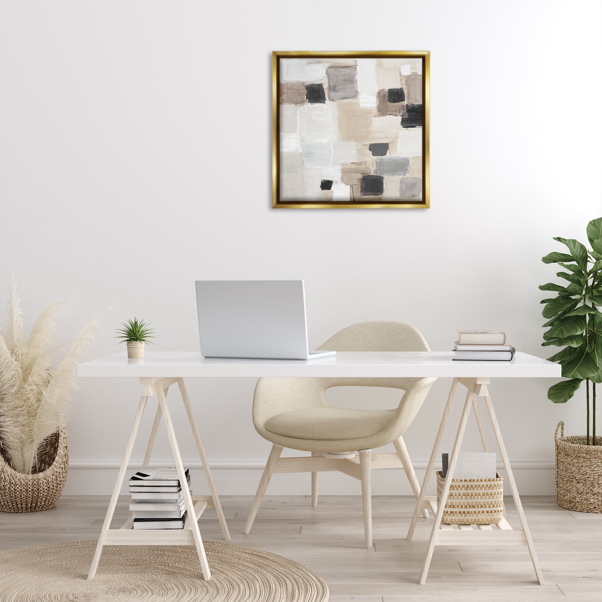 Stupell Industries Neutral Square Patchwork Abstract Painting Gold Floater Framed Canvas Art Print Wall Art, 25 x 25