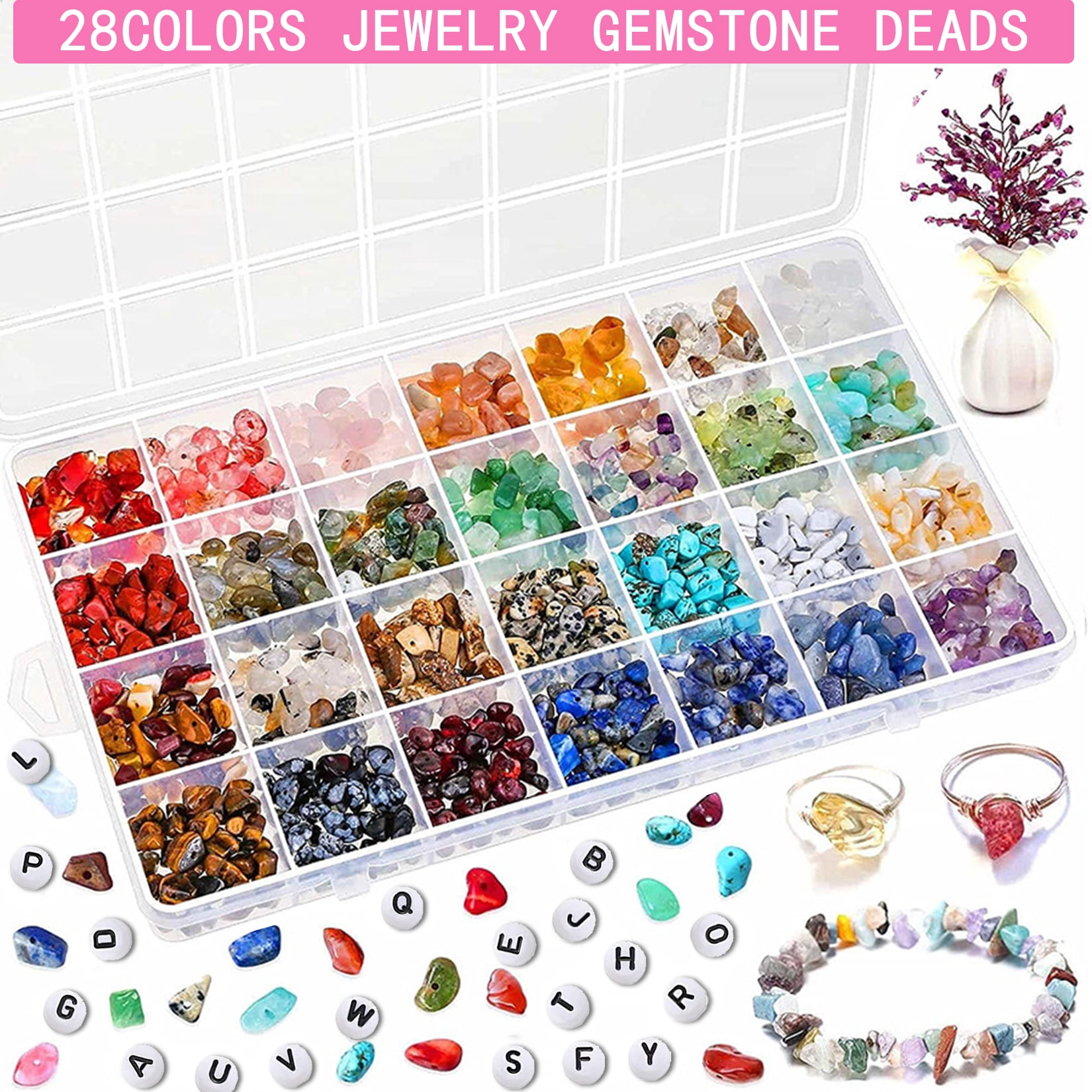 HXXF Ring Making Kit with Crystals, 1950Pcs Jewelry Making Kit with 28 Colors Crystal Gemstone Chip Beads, Letter Beads, Jewelry Wire, Pliers and Other Jewelry Ring Making Supplies