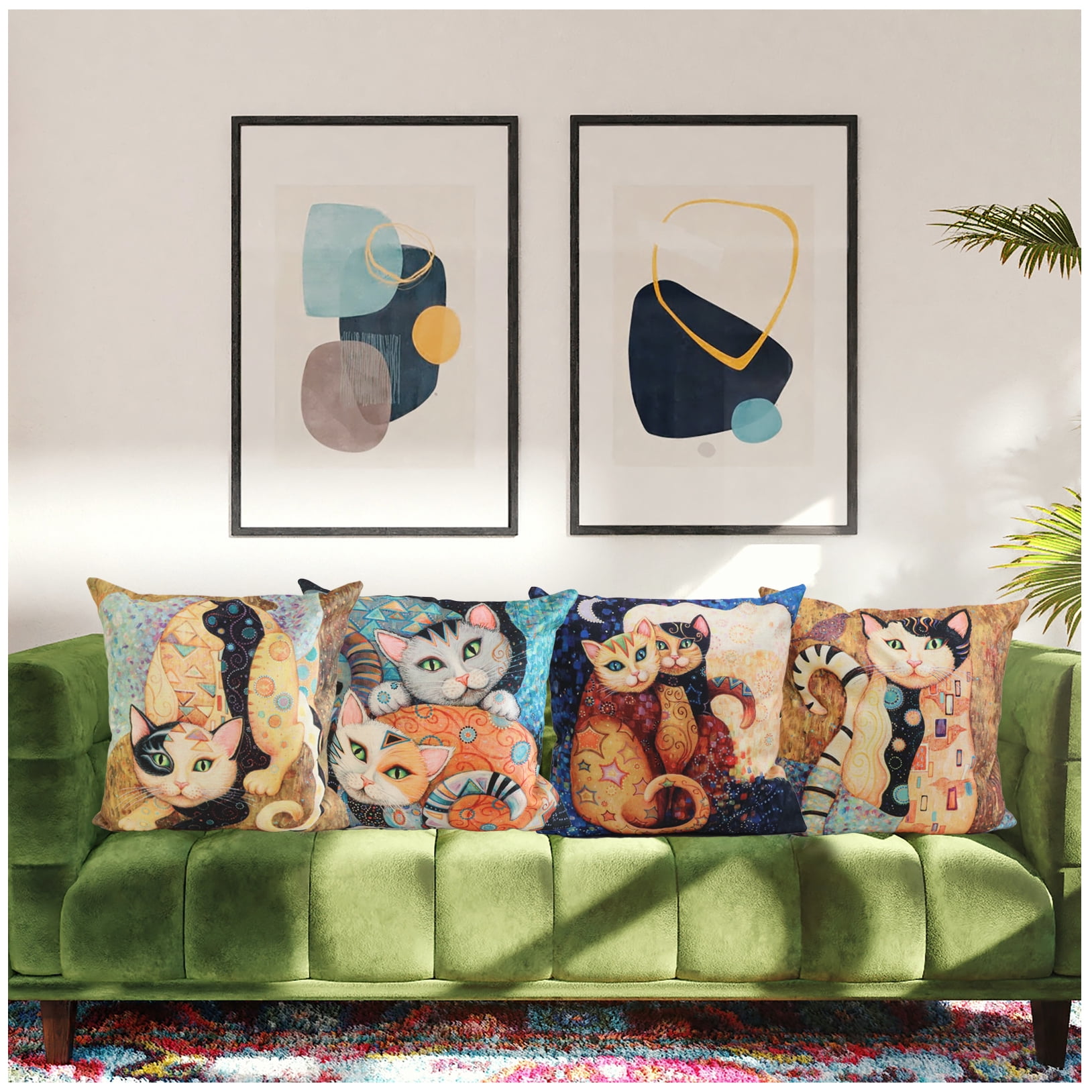 NYDECOR Abstract Cat Pillow Covers 18x18 Set of 4 Pet Throw Pillow Cases Animal Kitty Pillowcase Square Cotton Linen Cushion Cover for Couch Sofa Bed Patio Cat Gifts