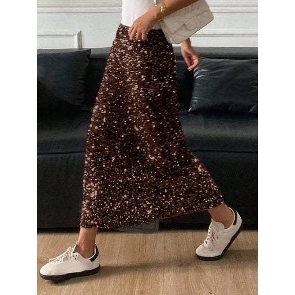 Coffee Brown Sequin Embellished Flowing Maxi Skirt With Side Slit For Women Holiday Party Elegant Evening Wear