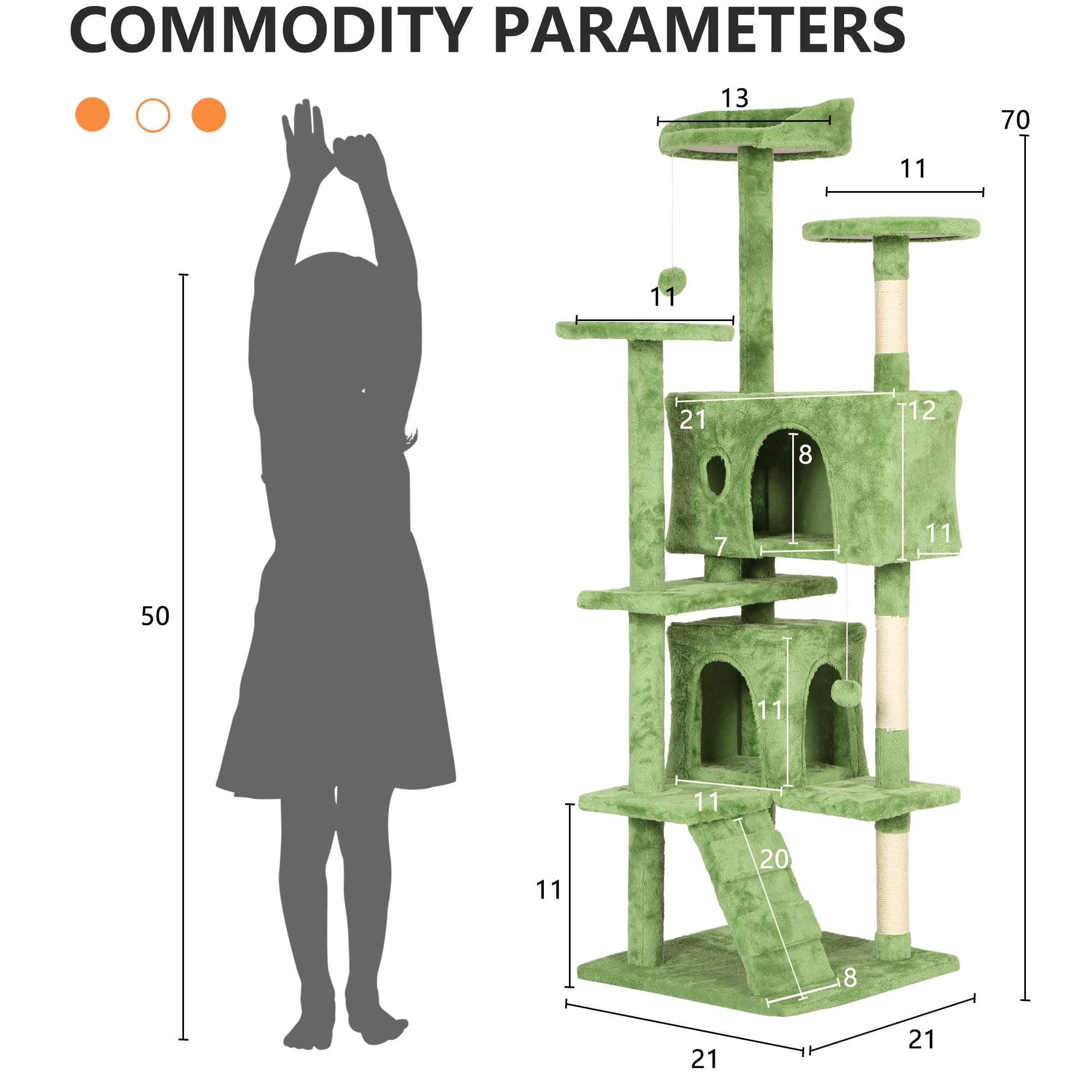 CL.HPAHKL Modern Cat Tree Tower with Dual Condos, 70 Inches Cat Tower with Sisal-Covered Scratching Post Multi-Level Tall Cat Condos with Hanging Toy, Green