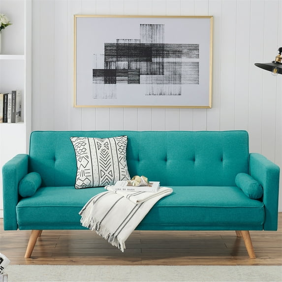 Upholstered Futon Sofa Bed Convertible Folding Sofa with Soft Armrest for Apartment, Vintage Adjustable Tufted Couch Sleeper with Padded Seat for Compact Living Space - Retro Blue