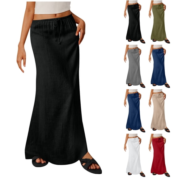 NXMZXB Linen Flared Maxi Skirt with Back Slit for Women - Elastic Low Waist Drawstring A Line Long Flowy Ankle-Length Skirt Khaki XL