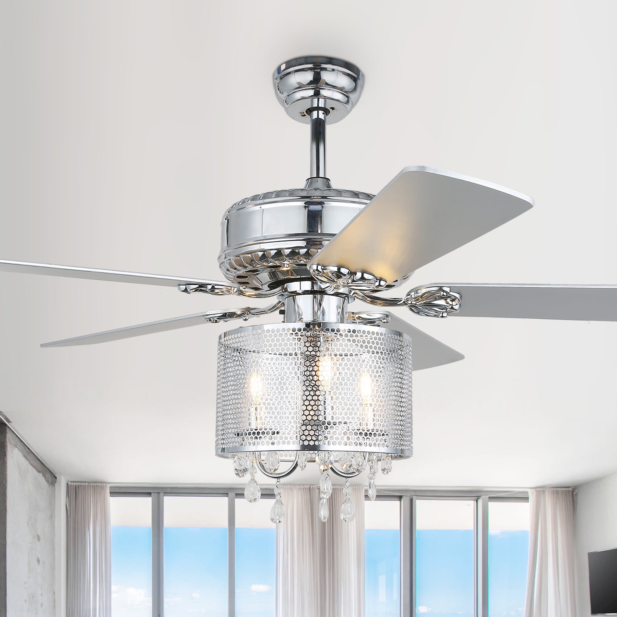 52" Silver Crystal Ceiling Fan with 5 Blades, Light Kit, Remote Control