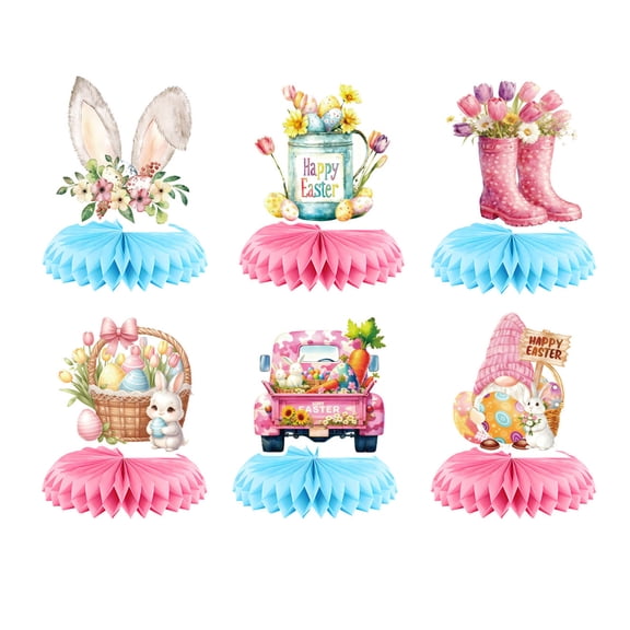 6pcs Happy Easter Honeycomb Decorations, 3D Easter Table Decorations Spring Honeycomb Centerpiece for Table Decorations Bunny Easter Egg Centerpieces Decor for Easter Party Family Gathering