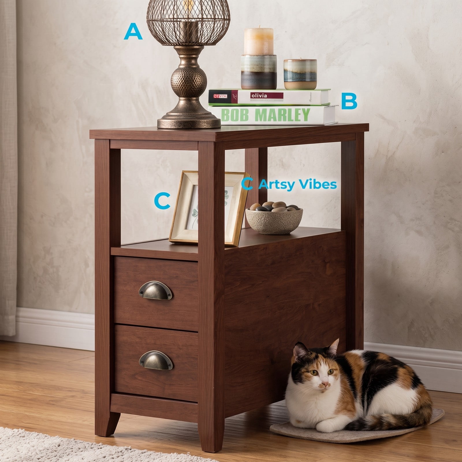 Furnibear Narrow Nightstand with 2 Drawers and Open Shelf Wooden Bedside End Table for the Bedroom and Living Room, Brown