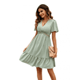 thumbnail image 1 of Women Solid Color V Neck Ruffled Short Sleeve Pleated Layered Mini Dress(Light Green L), 1 of 4