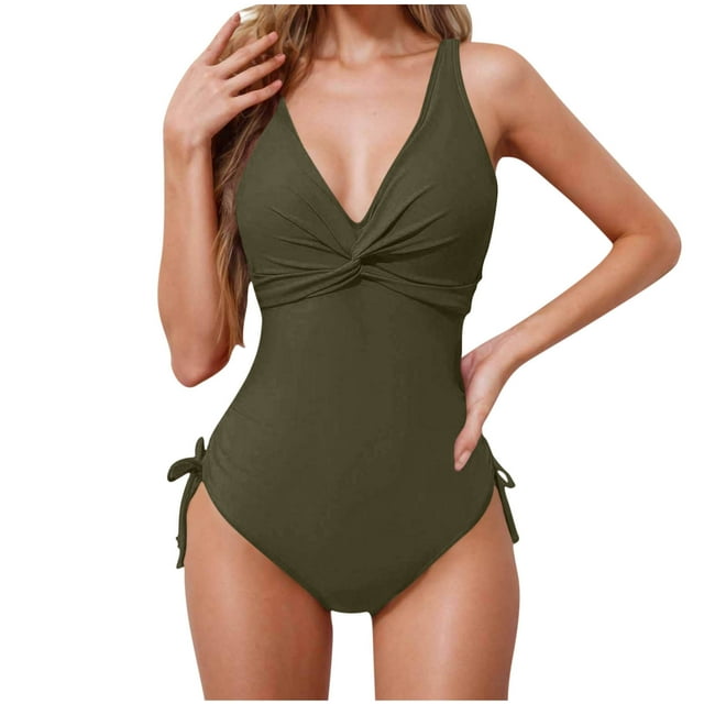 Bocqde One Piece Bathing Suits for Women Plus Size Summer Solid Push Up Ruched Tummy Control Monokini Swimsuits Fashion Sexy Backless Tie Side V Neck Strap Swimwear