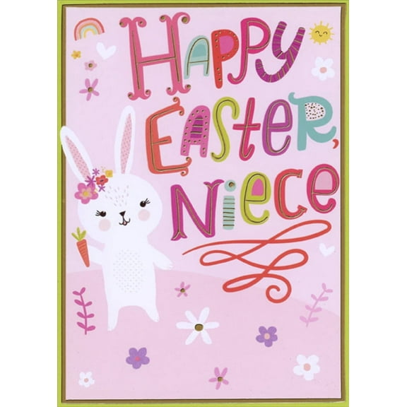 Designer Greetings White Bunny Holding Carrot : Flowers, Sun, Rainbows : Pink Background Juvenile Easter Card for Young Niece