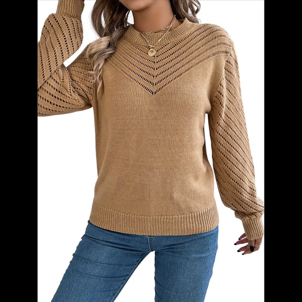 Suéteres de Crochet para Mujer, Cuello Redondo, Larga, Lindos Suéteres de Algodón Calados, Tops de Punto. Caqui XL