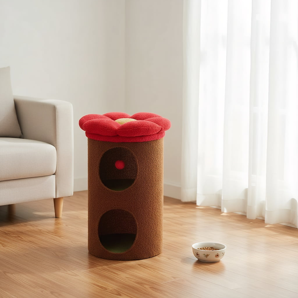 Pefilos 28" 2-Level Cat House Condo with Tree, 2 Cave Bed & Removable Flower Cat Cushion, Brown