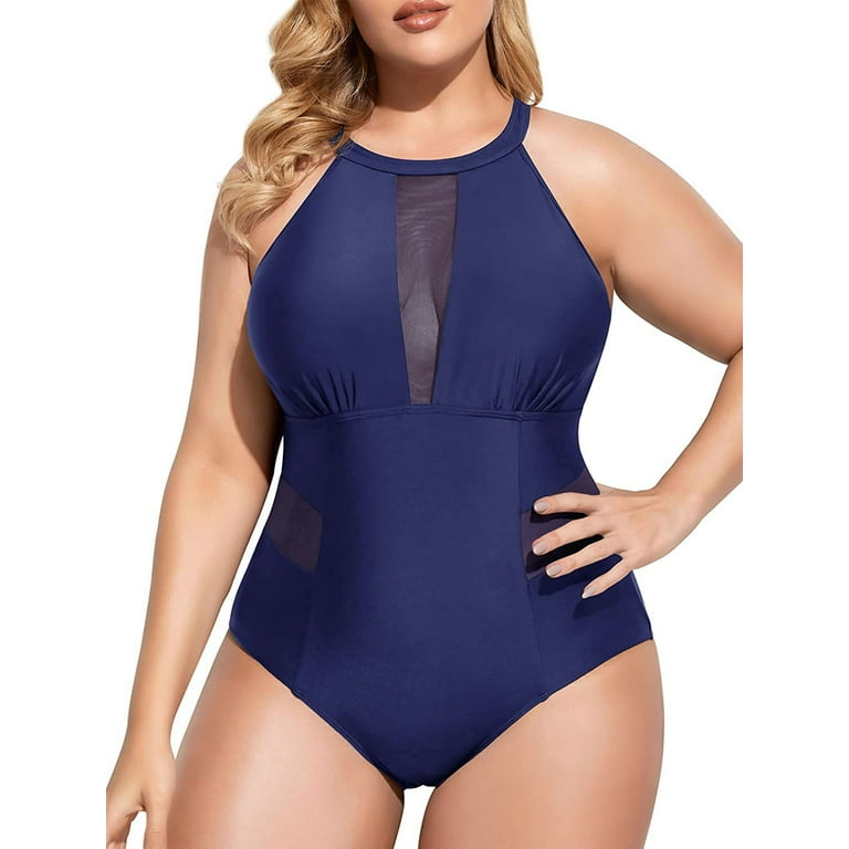 Womens One Piece Swimsuits Tummy Control Bathing Suits High Neck Mesh  Swimsuit Swimwear, Blue, Xl