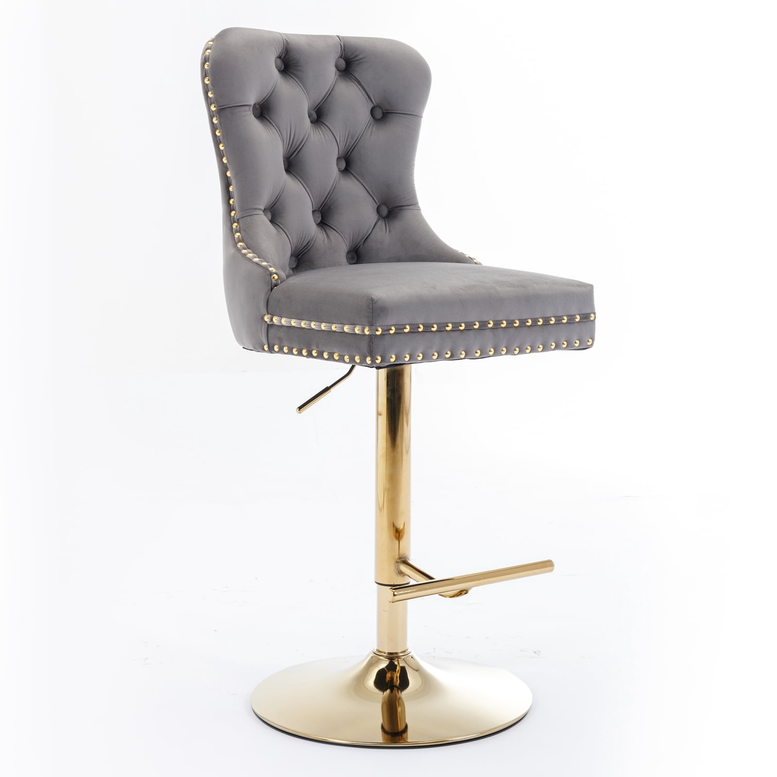 Yoneston Bar Stools Set of 2, Adjustable Height Bar Stools with Tufted Velvet Upholstery, Nailhead Trim & Gold Metal Base, Modern Counter Stools for Pub, Kitchen Island, Gray