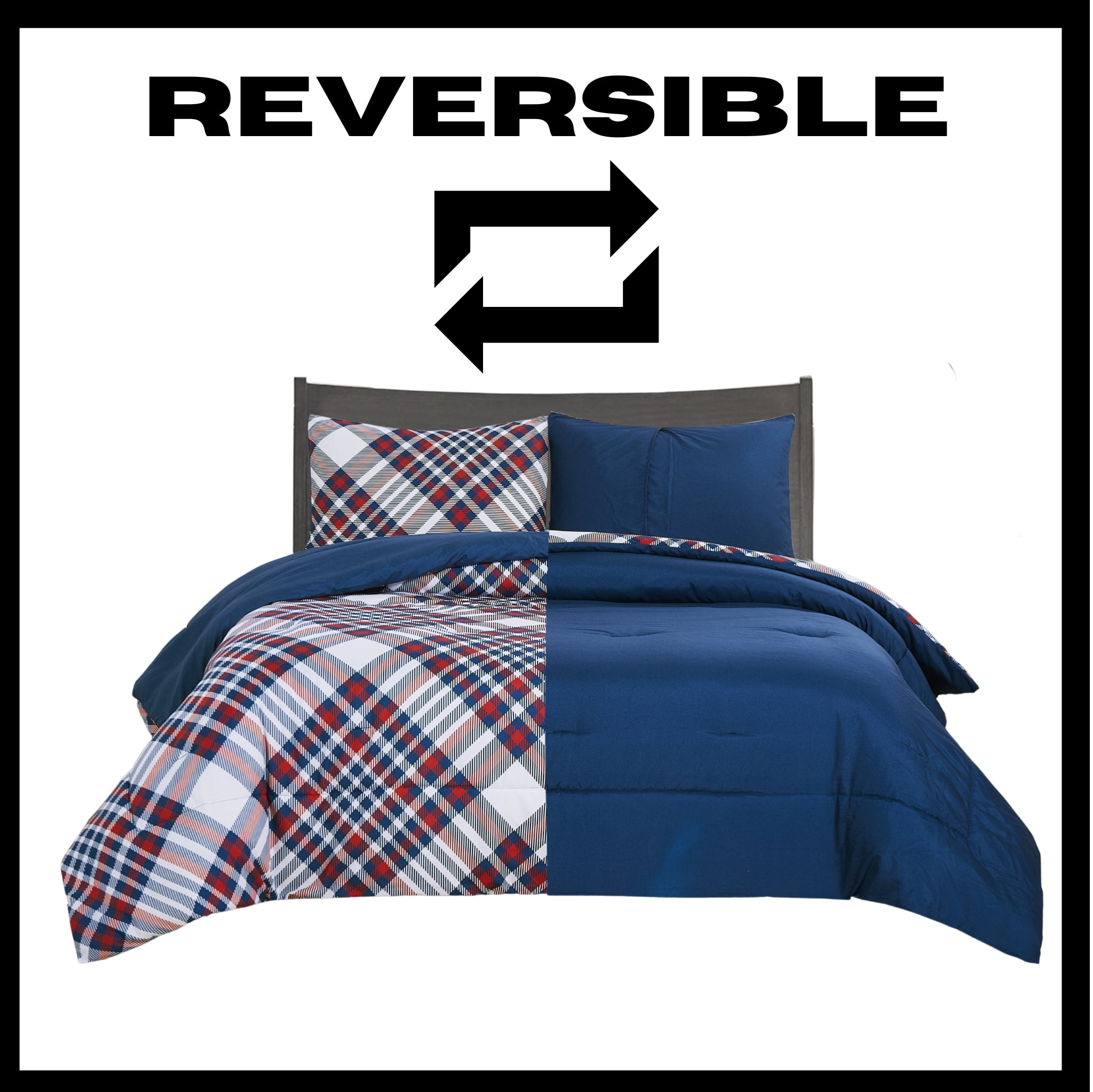 Chaps Kids 2-Piece Reversible Microfiber Comforter and Sham Bedding Set - Diagonal Plaid - Red/White - Size Twin
