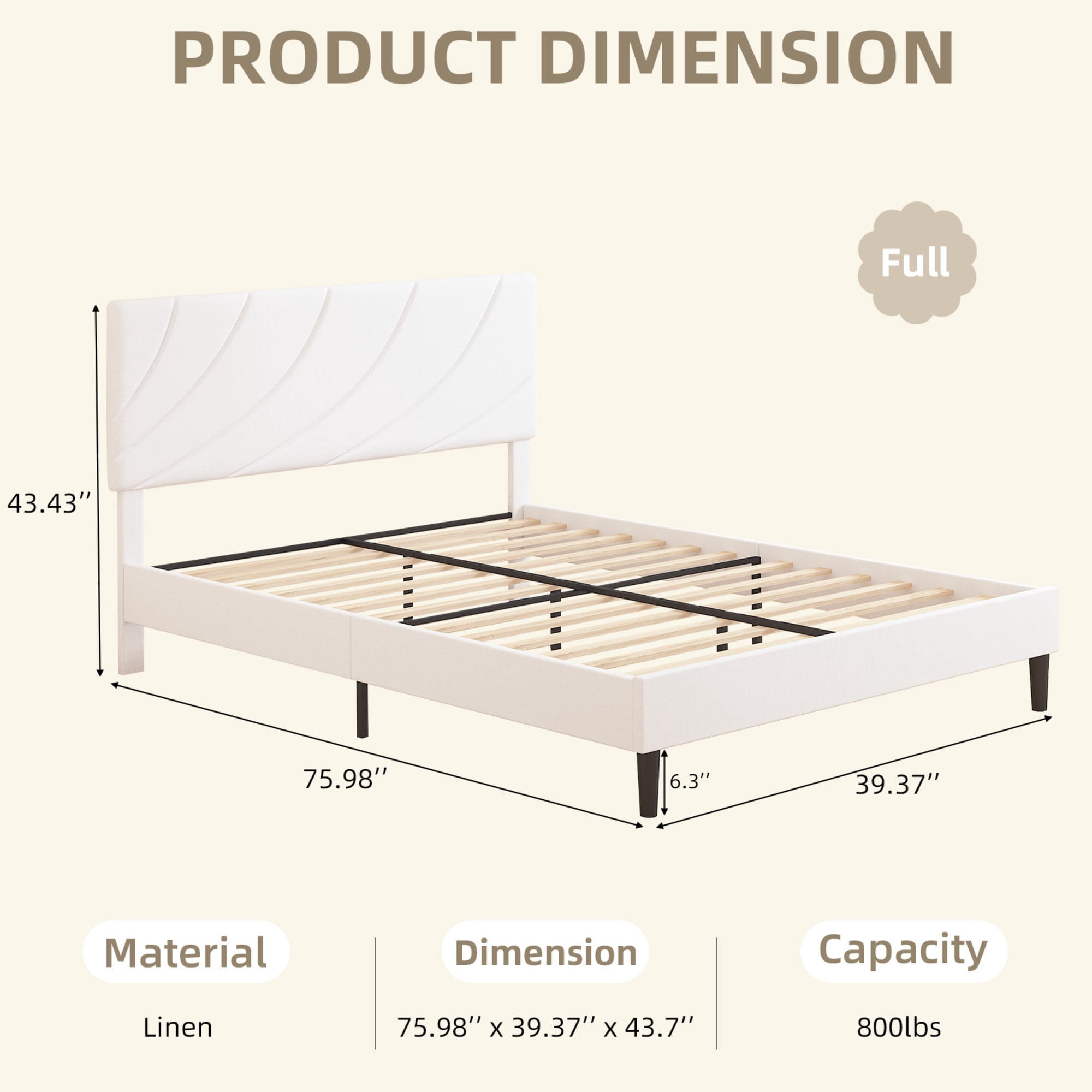 4 EVER WINNER Full Size Bed Frame with Adjustable Headboard, Full Bed Frame with Linen Fabric Upholstered, Strong Wooden Slats, No Box Spring Needed, Noise Free, Easy Assembly, White