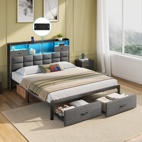 Greenstell Queen Bed Frame with Drawers and Headboard, Upholstered Storage Bed with Charging Station and LED Lights,Dark Grey