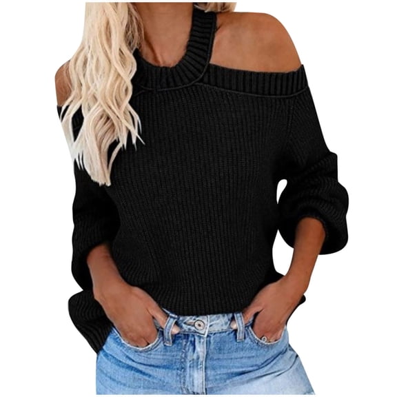 IROINNID Reduced Womens Sweater Knit Cold Shoulder Pullover Sweater Solid Color Casual Mid-Length Long Sleeve Button Knitting Sweatshirt Tops Blouse Shirt Sweater