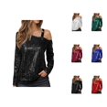 thumbnail image 1 of Womens Sparkle Top 2026 Spring Fashionable Long Sleeve Off Shouder Strappy Sequin T Shirts Going out Tops Rave Outfits, 1 of 4