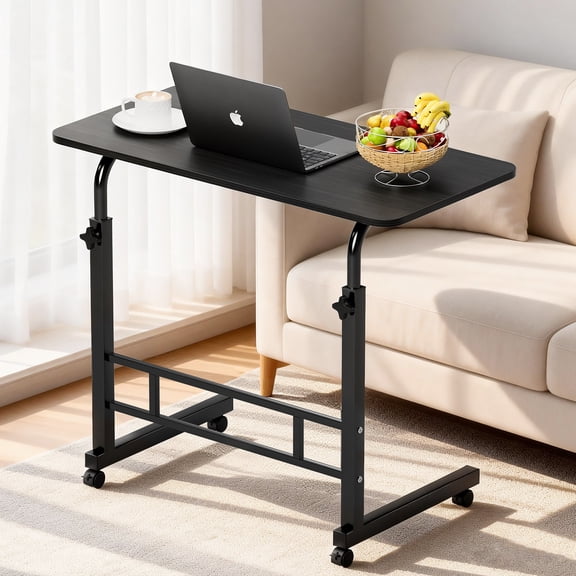 KAAYEE 31.5in C Shaped End Table with Wheels,36" Tall Side Table for Couch, Adjustable Height Small Couch Side C Table,Slide Under Sofa Tray Arm Table for Living Room,Bedroom,Black